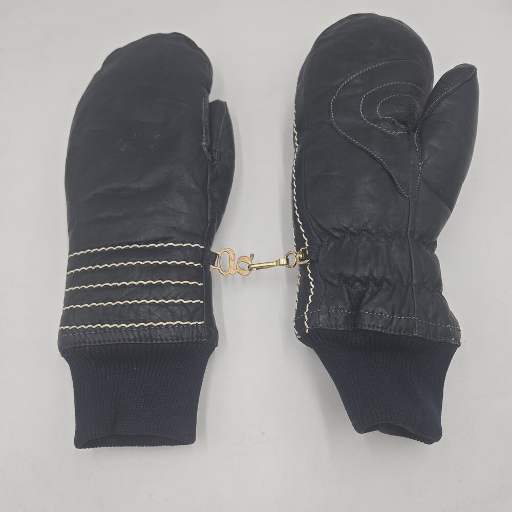 Retro Grandoe Womens (M) Blue Leather Vintage Mittens Wool Blend Lined Ski Lodge